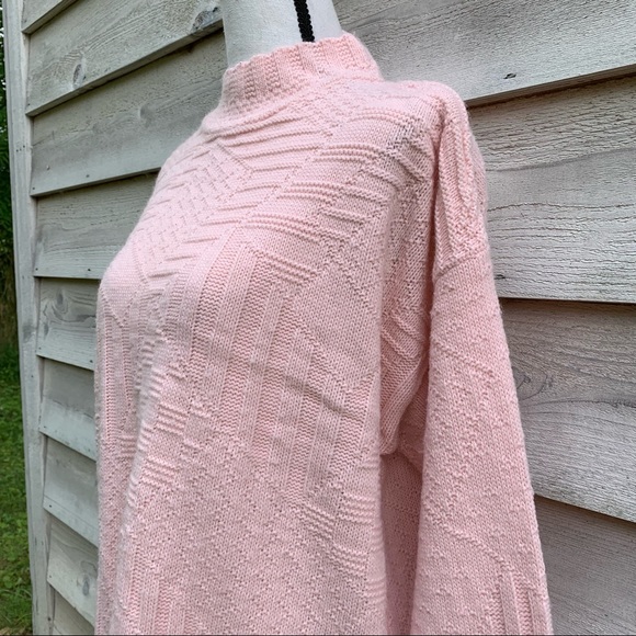 Vintage Pastel Pink Mock Neck Long Sleeve Pullover Oversize Cable Knit Sweater - Picture 5 of 16